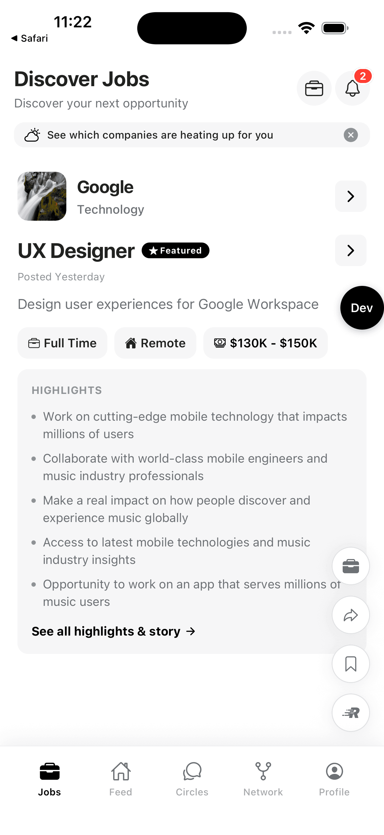 The Polaris app showing job highlights and salary range for a featured role.
